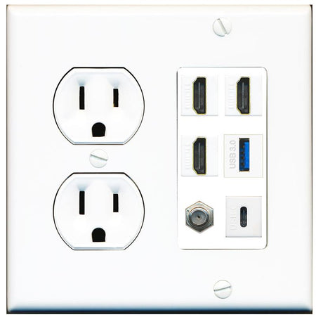RiteAV 3 HDMI USB3 USBC Coax Wall Plate - Round Outlet [White]