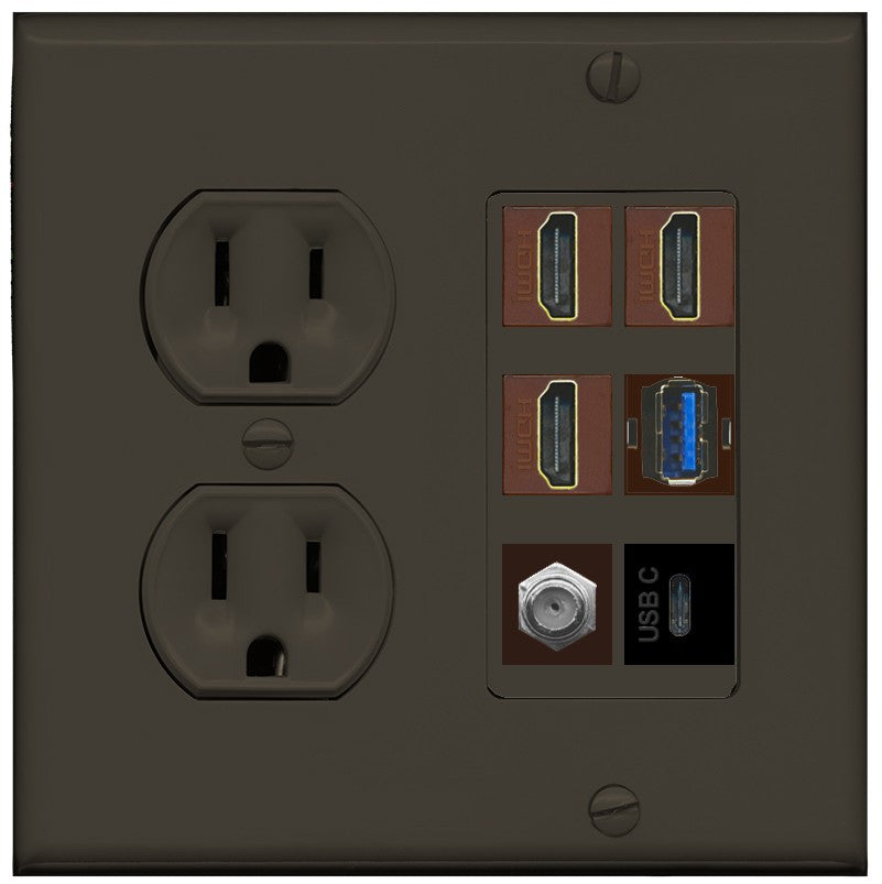 RiteAV 3 HDMI USB3 USBC Coax Wall Plate - Round Outlet [Brown/Brown]