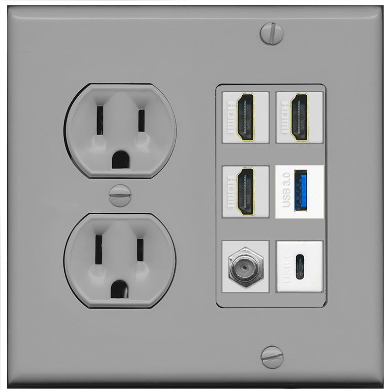 RiteAV 3 HDMI USB3 USBC Coax Wall Plate - Round Outlet [Gray/Gray]