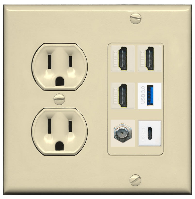 RiteAV 3 HDMI USB3 USBC Coax Wall Plate - Round Outlet [Ivory/Ivory]