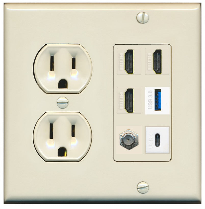RiteAV 3 HDMI USB3 USBC Coax Wall Plate - Round Outlet [Light-Almond]