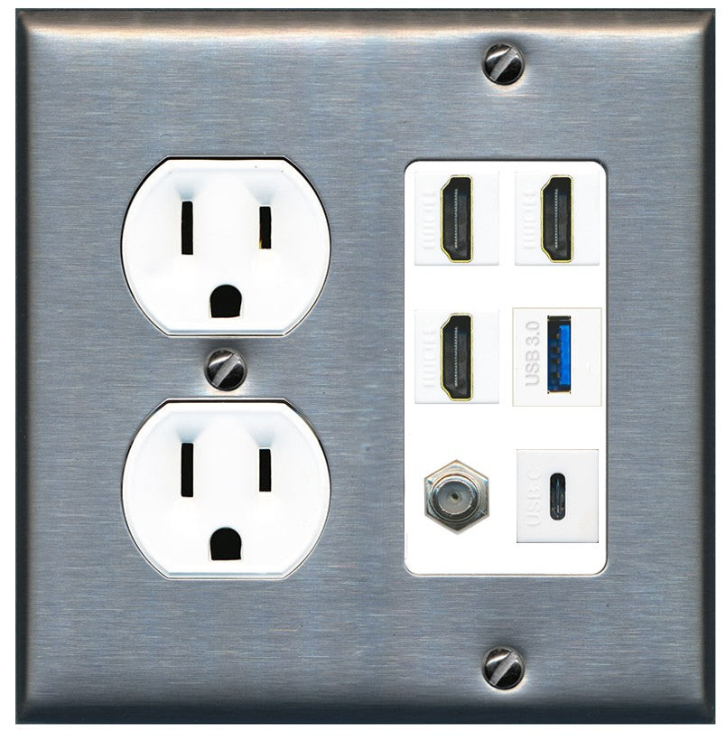 RiteAV 3 HDMI USB3 USBC Coax Wall Plate - Round Outlet [Stainless/White]
