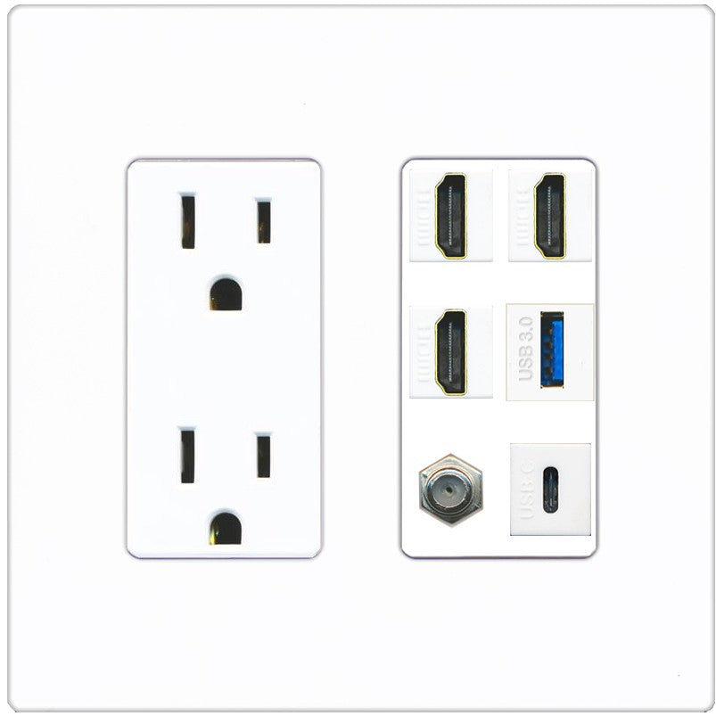 RiteAV 3 HDMI USB3 USBC Coax Wall Plate - Outlet [Screwless White]