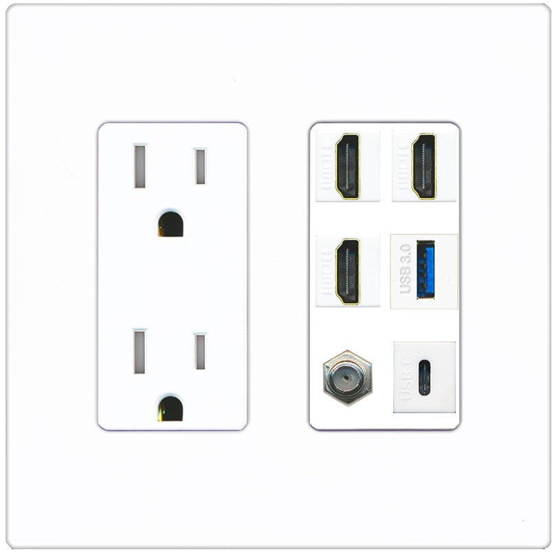 RiteAV 3 HDMI USB3 USBC Coax Wall Plate - Tamper-Resistant Outlet [Screwless White]