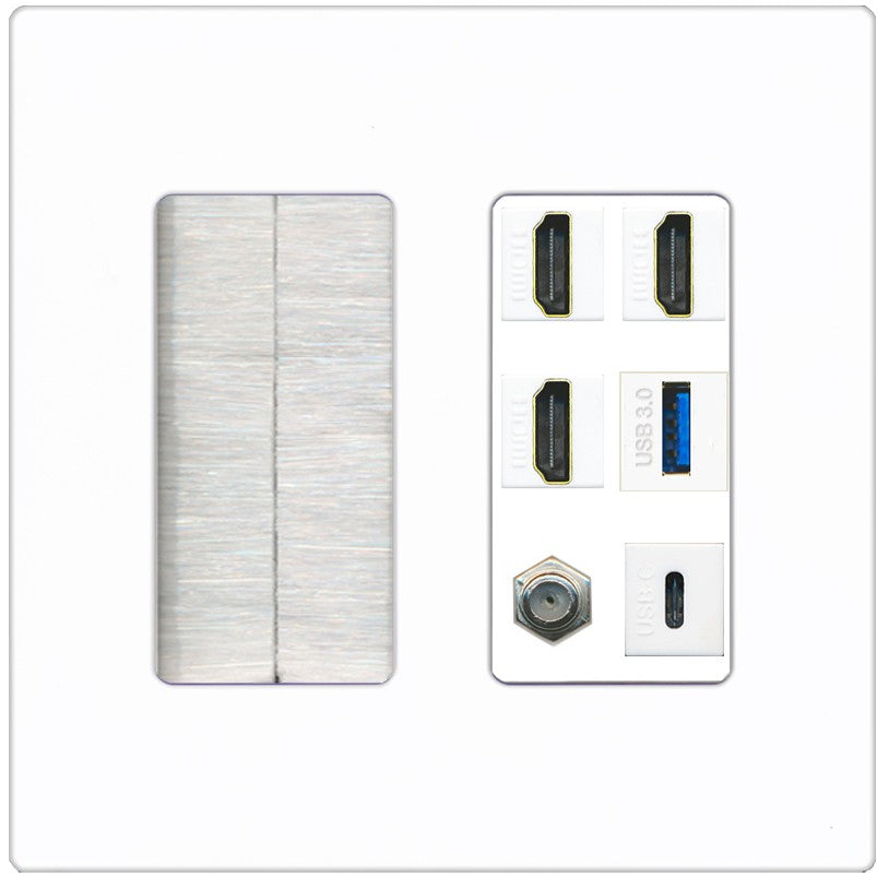 RiteAV 3 HDMI USB3 USBC Coax Wall Plate - Brush [Screwless White]