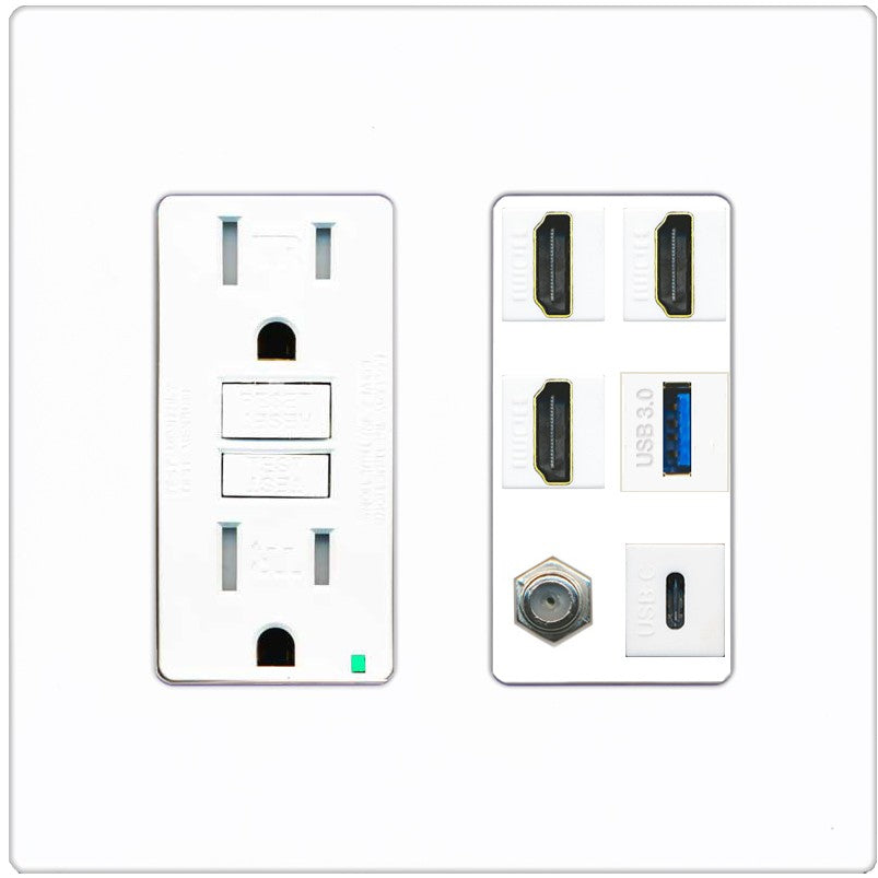 RiteAV 3 HDMI USB3 USBC Coax Wall Plate - GFCI Outlet [Screwless White]
