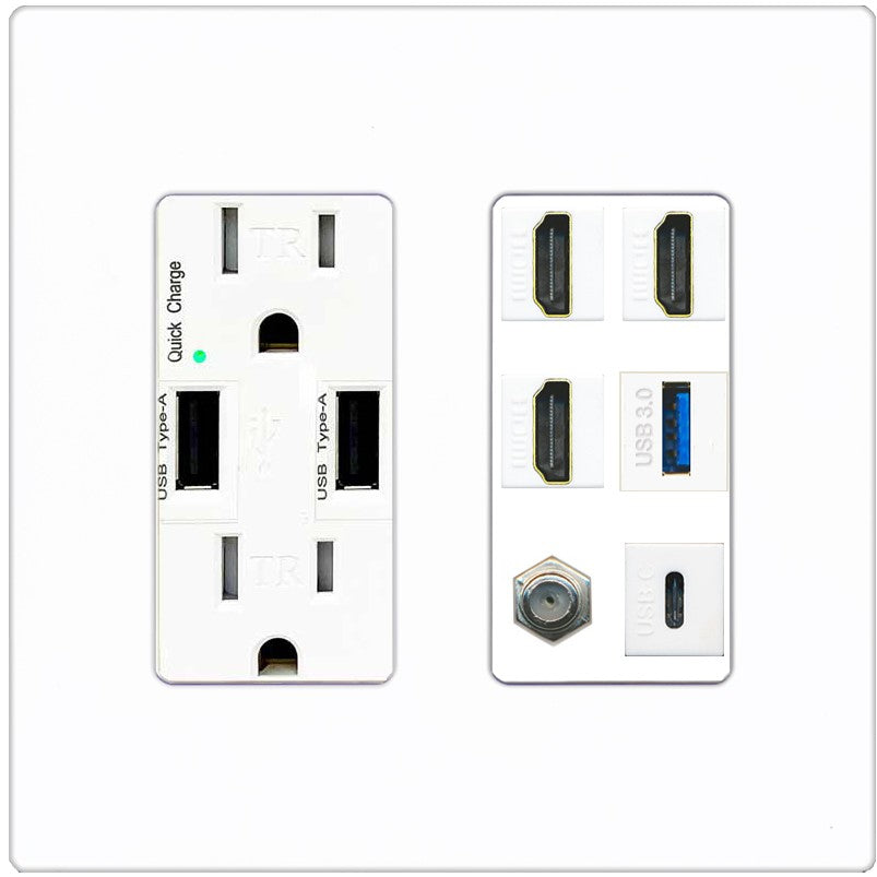RiteAV 3 HDMI USB3 USBC Coax Wall Plate - USB Outlet [Screwless White]