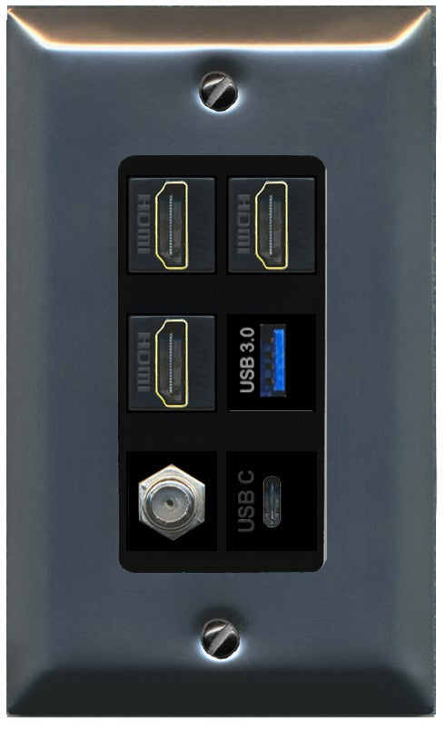 RiteAV 3 HDMI USB3 USBC Coax Wall Plate - 1 Gang Decorative [Stainless/Black]