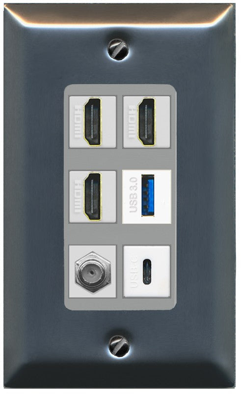 RiteAV 3 HDMI USB3 USBC Coax Wall Plate - 1 Gang Decorative [Stainless/Gray]