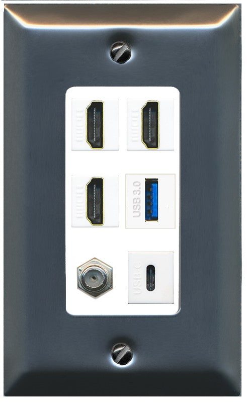 RiteAV 3 HDMI USB3 USBC Coax Wall Plate - 1 Gang Decorative [Stainless/White]