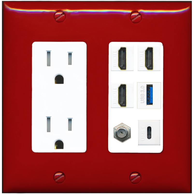 RiteAV 3 HDMI USB3 USBC Coax Wall Plate - Tamper-Resistant Outlet [Red/White]