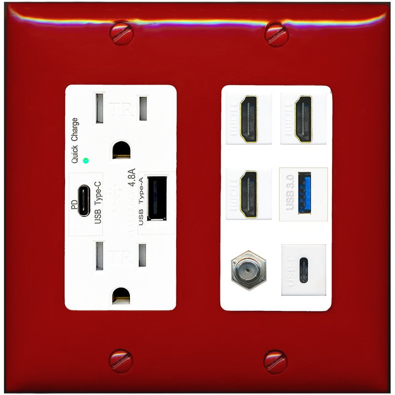 RiteAV 3 HDMI USB3 USBC Coax Wall Plate - USB A+C Outlet [Red/White]