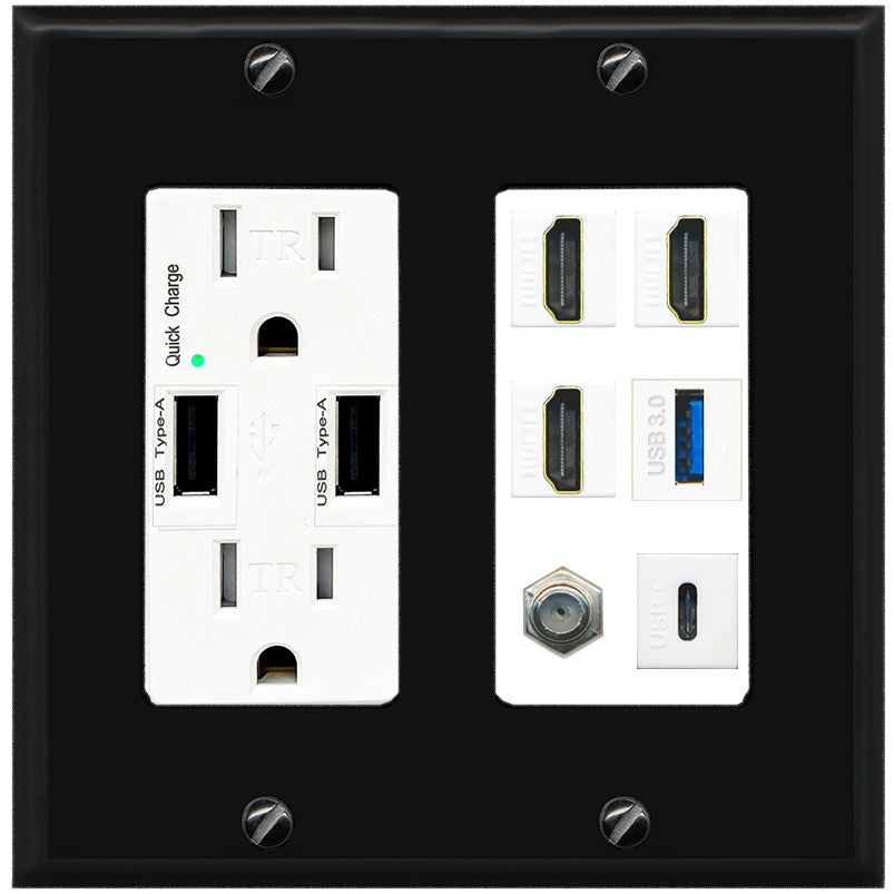 RiteAV 3 HDMI USB3 USBC Coax Wall Plate - USB Outlet [Black/White]