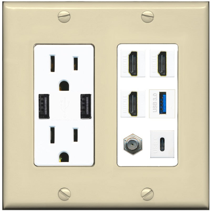 RiteAV 3 HDMI USB3 USBC Coax Wall Plate - USB Outlet [Ivory/White]