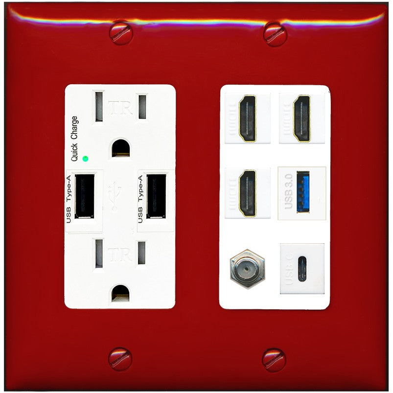 RiteAV 3 HDMI USB3 USBC Coax Wall Plate - USB Outlet [Red/White]