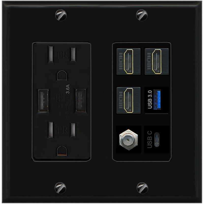 RiteAV 3 HDMI USB3 USBC Coax Wall Plate - USB Outlet [Black/Black]
