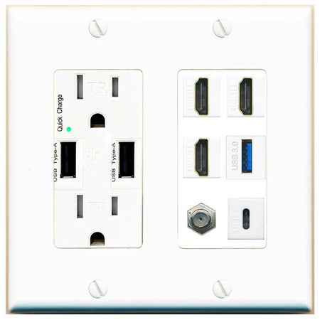 RiteAV 3 HDMI USB3 USBC Coax Wall Plate - USB Charger [White]