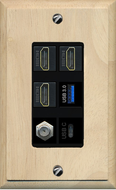 RiteAV 3 HDMI USB3 USBC Coax Wall Plate - 1 Gang Decorative [Wood/Black]