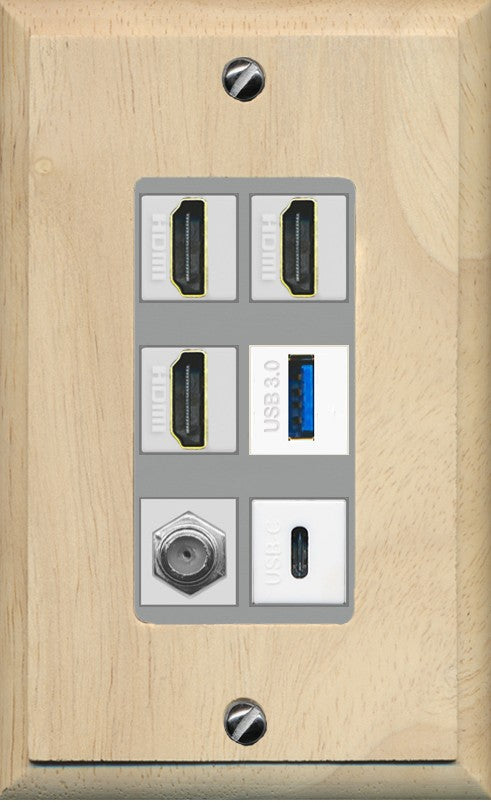 RiteAV 3 HDMI USB3 USBC Coax Wall Plate - 1 Gang Decorative [Wood/Gray]