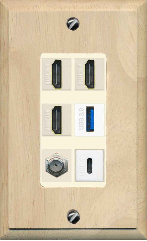 RiteAV 3 HDMI USB3 USBC Coax Wall Plate - 1 Gang Decorative [Wood/Light-Almond]