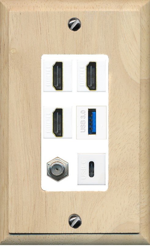RiteAV 3 HDMI USB3 USBC Coax Wall Plate - 1 Gang Decorative [Wood/White]