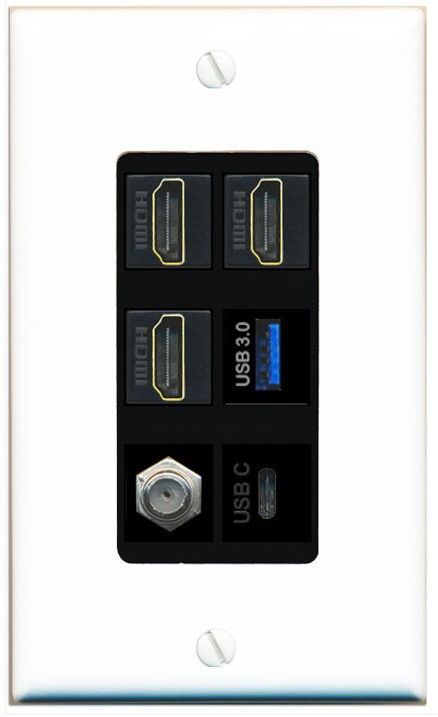 RiteAV 3 HDMI USB3 USBC Coax Wall Plate - 1 Gang Decorative [White/Black]