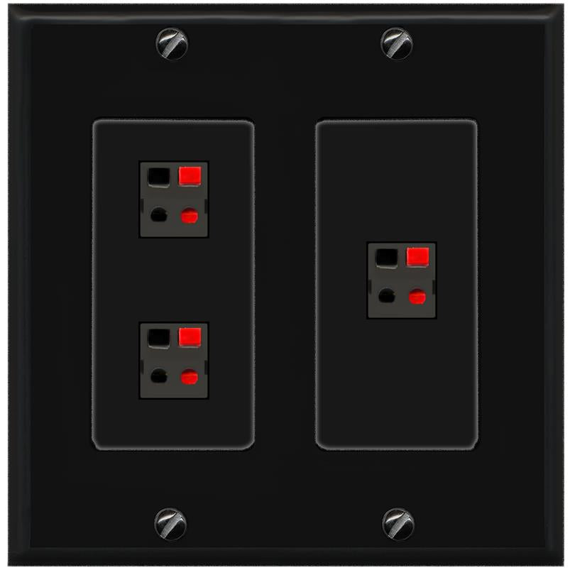 RiteAV 3 Port Speaker Wire Plug Jack Wall Plate - 2 Gang [Black/Black]