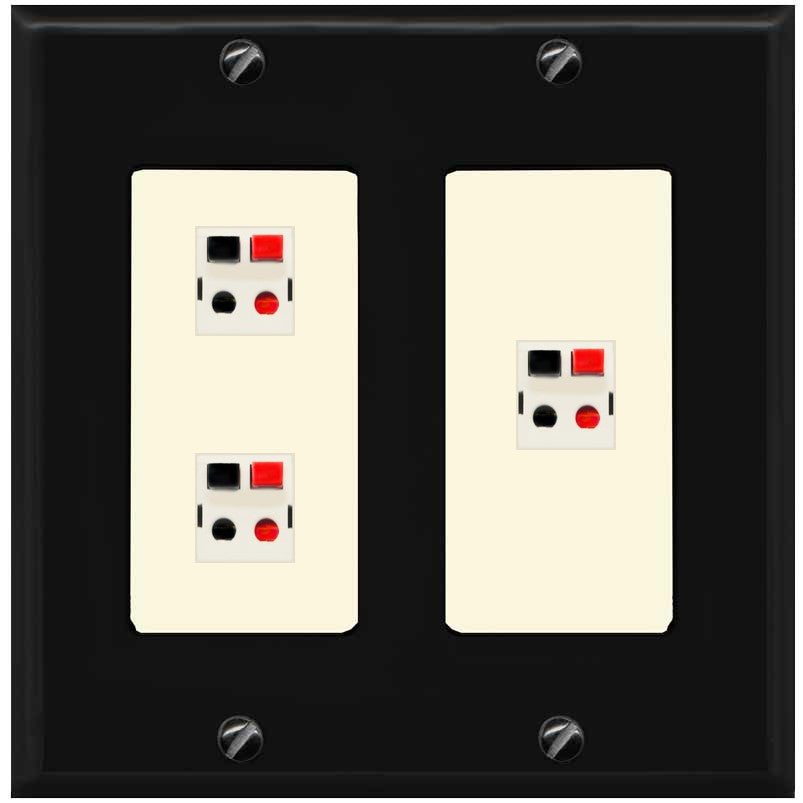 RiteAV 3 Port Speaker Wire Plug Jack Wall Plate - 2 Gang [Black/Light-Almond]