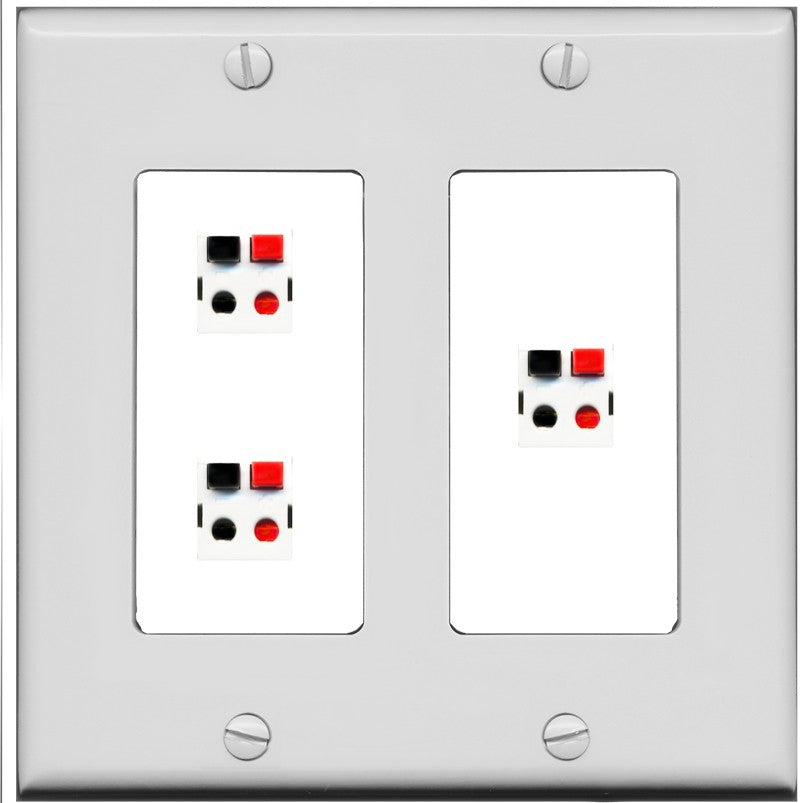 RiteAV 3 Port Speaker Wire Plug Jack Wall Plate - 2 Gang [Gray/White]