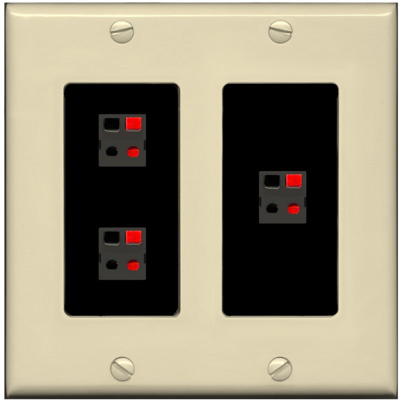 RiteAV 3 Port Speaker Wire Plug Jack Wall Plate - 2 Gang [Ivory/Black]