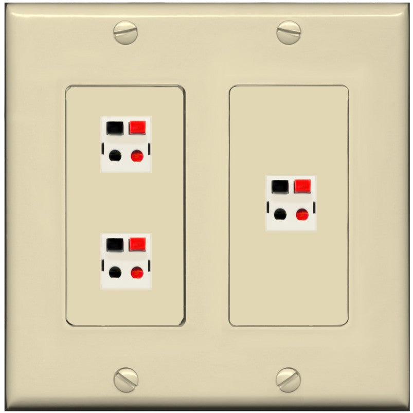 RiteAV 3 Port Speaker Wire Plug Jack Wall Plate - 2 Gang [Ivory/Ivory]