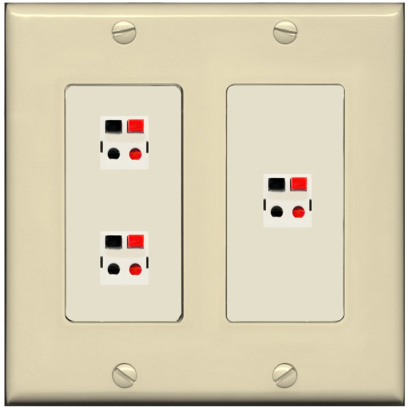 RiteAV 3 Port Speaker Wire Plug Jack Wall Plate - 2 Gang [Ivory/Light-Almond]