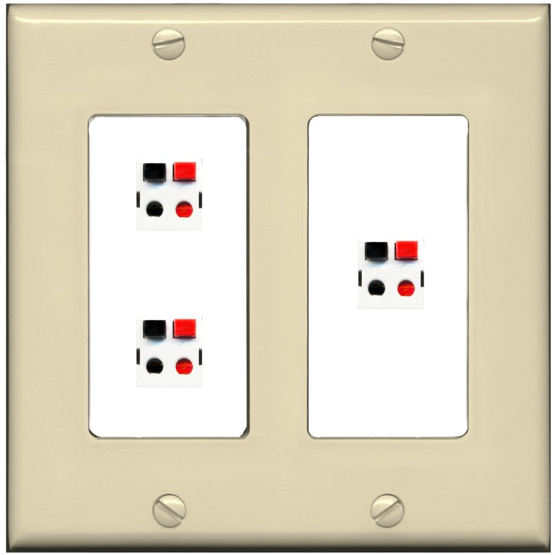 RiteAV 3 Port Speaker Wire Plug Jack Wall Plate - 2 Gang [Ivory/White]