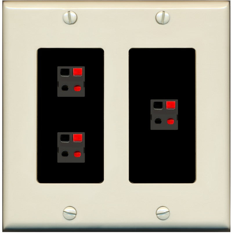 RiteAV 3 Port Speaker Wire Plug Jack Wall Plate - 2 Gang [Light-Almond/Black]