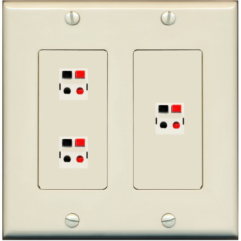 RiteAV 3 Port Speaker Wire Plug Jack Wall Plate - 2 Gang [Light-Almond]