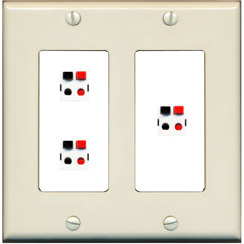 RiteAV 3 Port Speaker Wire Plug Jack Wall Plate - 2 Gang [Light-Almond/White]
