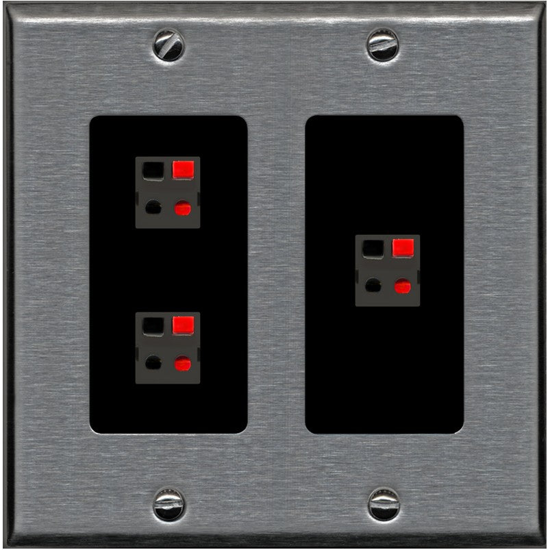 RiteAV 3 Port Speaker Wire Plug Jack Wall Plate - 2 Gang [Stainless/Black]