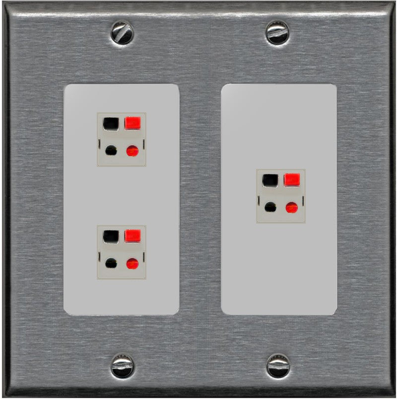 RiteAV 3 Port Speaker Wire Plug Jack Wall Plate - 2 Gang [Stainless/Gray]