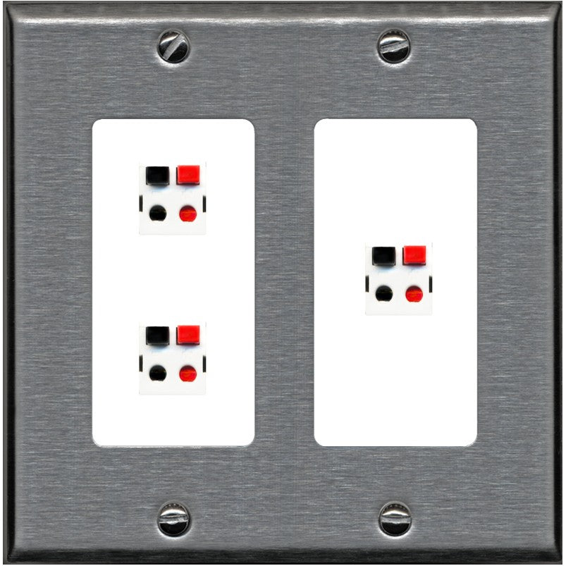 RiteAV 3 Port Speaker Wire Plug Jack Wall Plate - 2 Gang [Stainless/White]