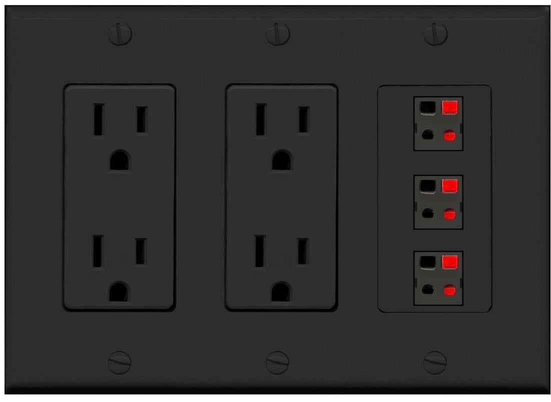 RiteAV 3 Port Speaker Wire Plug Jack Wall Plate - 2 Outlet [Black/Black]