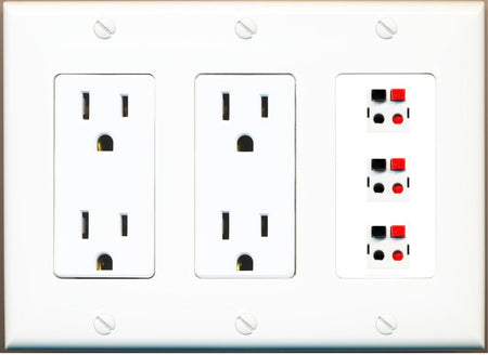 RiteAV 3 Port Speaker Wire Plug Jack Wall Plate - 2 Outlet [White]