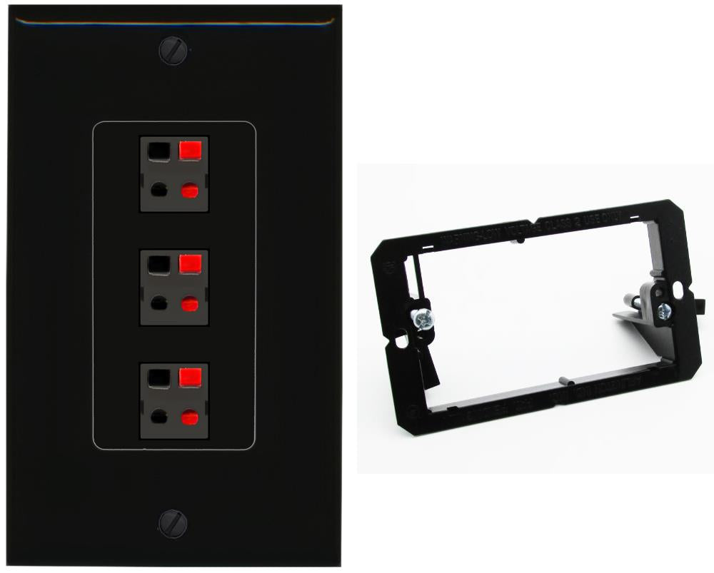 RiteAV 3 Port Speaker Wire Plug Jack Wall Plate - Bracket [Black/Black]