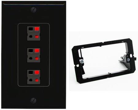 RiteAV 3 Port Speaker Wire Plug Jack Wall Plate - Bracket [Black/Black]