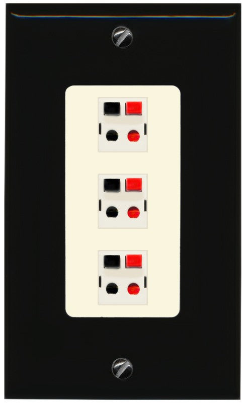 RiteAV 3 Port Speaker Wire Plug Jack Wall Plate - 1 Gang Decorative [Black/Light-Almond]