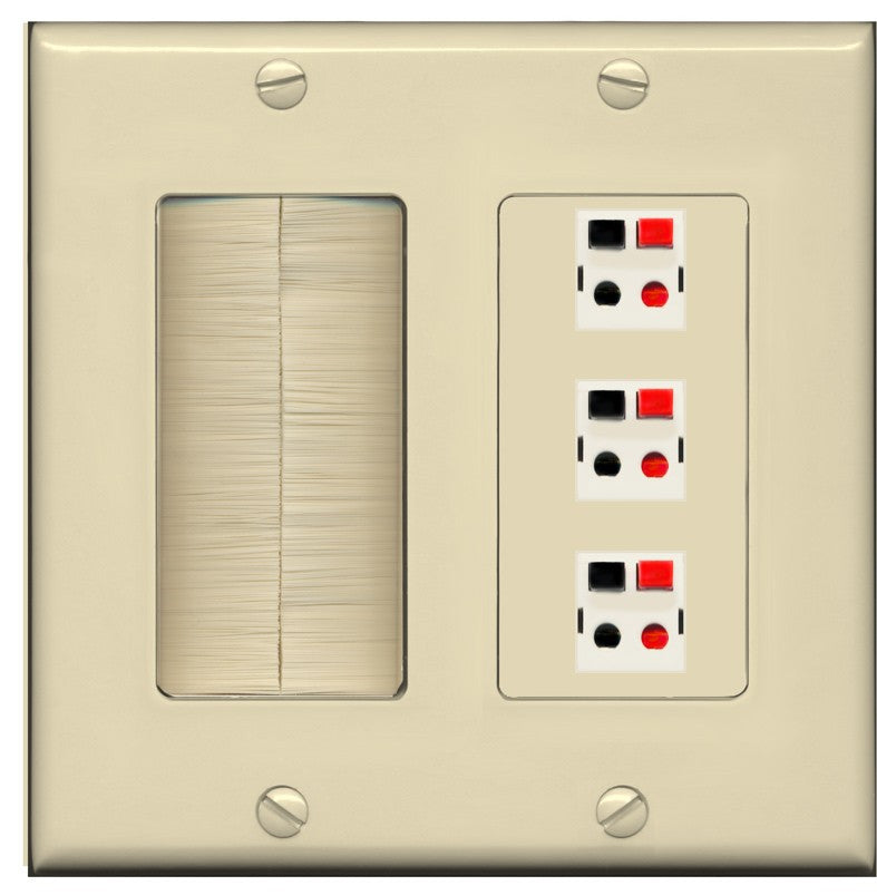 RiteAV 3 Port Speaker Wire Plug Jack Wall Plate - Brush [Ivory/Ivory]