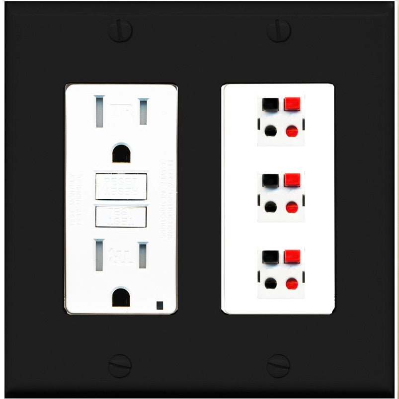 RiteAV 3 Port Speaker Wire Plug Jack Wall Plate - GFCI Outlet [Black/White]