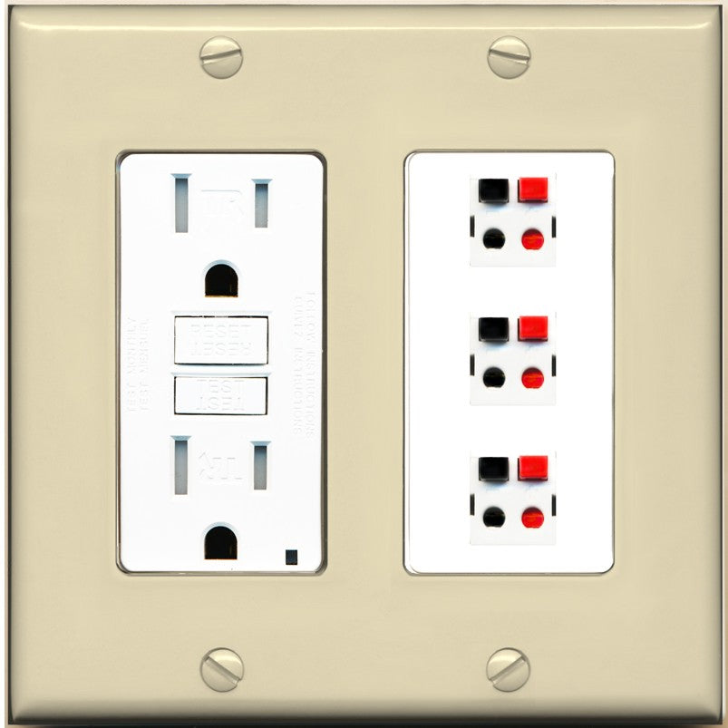RiteAV 3 Port Speaker Wire Plug Jack Wall Plate - GFCI Outlet [Ivory/White]