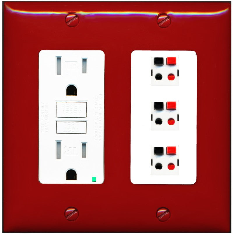 RiteAV 3 Port Speaker Wire Plug Jack Wall Plate - GFCI Outlet [Red/White]