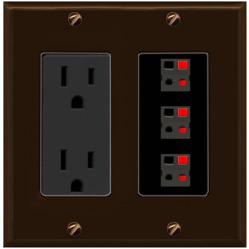 RiteAV 3 Port Speaker Wire Plug Jack Wall Plate - Outlet [Brown/Black]