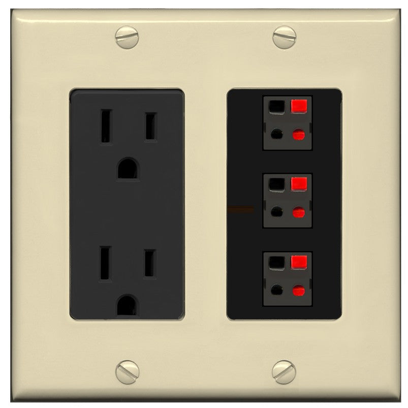 RiteAV 3 Port Speaker Wire Plug Jack Wall Plate - Outlet [Ivory/Black]